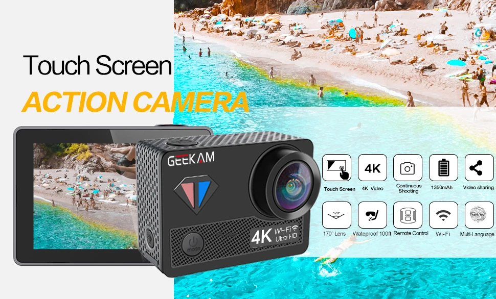 Geekam câmera de ação t1 tela sensível