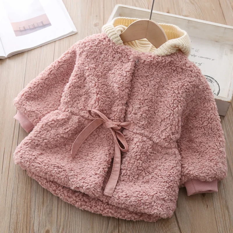 Розовый Флисовое пальто для девочек; детская куртка; Милая зимняя куртка с капюшоном - Цвет: Розовый