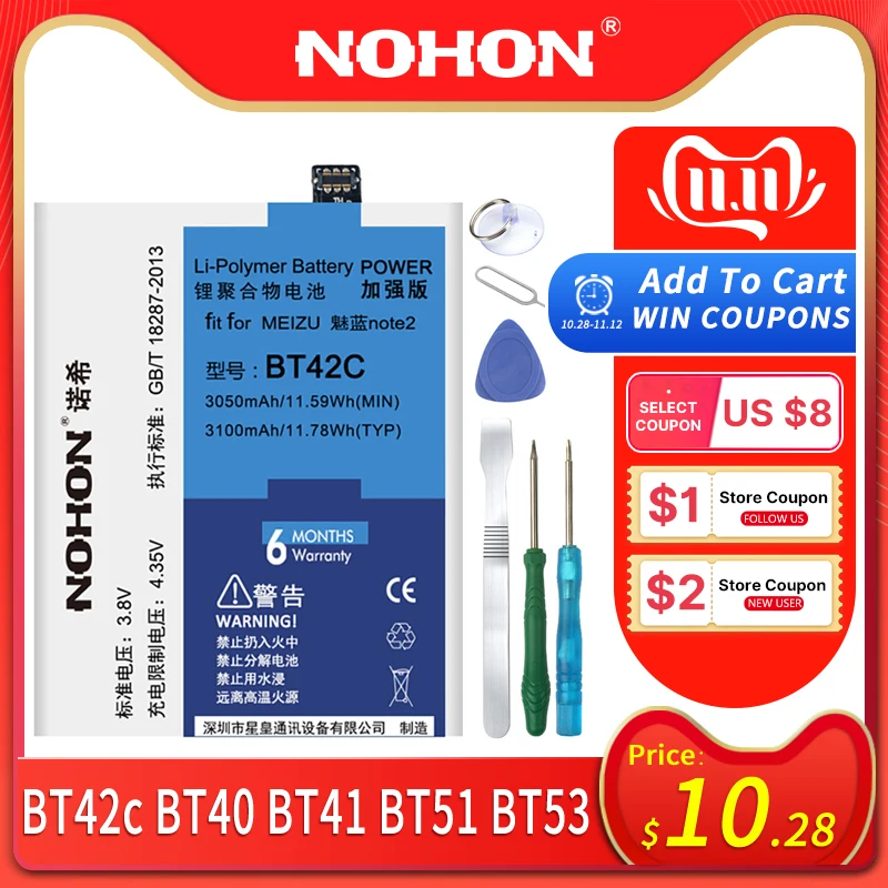 Billige Original NOHON BT40 BT41 BT51 BT42C BT53 Batterie Für Meizu MX4 MX5 MX6 Pro M2 Hinweis PRO 6S M575M m575U Echt Hohe Kapazität Bateria