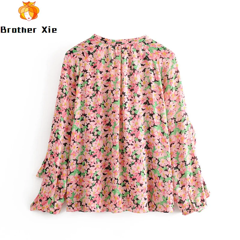 

Women Floral Print Ruffles Chiffon Blouse Chic Long Sleeve Elegant Ladies Shirt Loose V Neck Top Blusas Mujer De Moda 2020