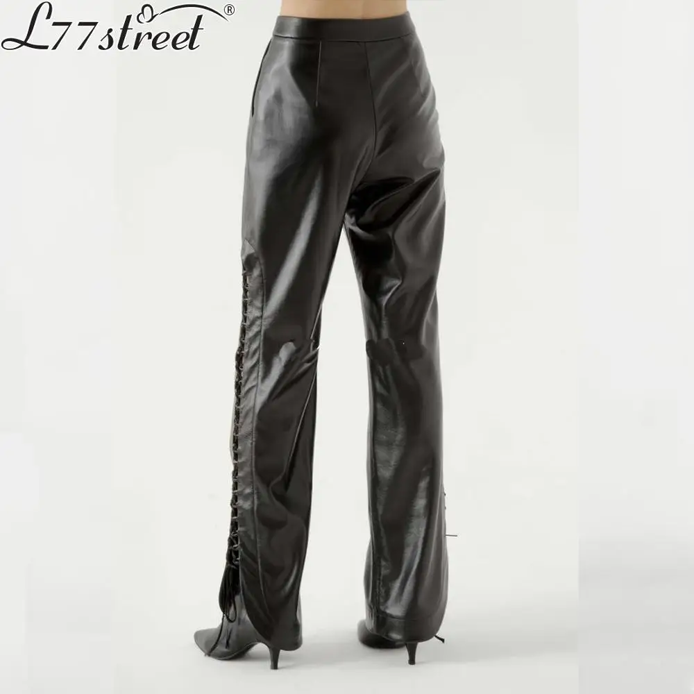 L77street Women High street Old Side slits with High waist Washed leather Pu Wide leg leather pants