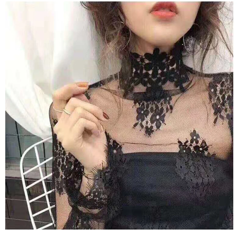 Womens Long Flare Sleeve Sheer Mesh Blouse Hollow Out Embroidered Floral Lace Shirt Swimsuit Cover Up Ruffle Neck Solid Color