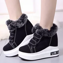 Женские ботильоны; обувь, увеличивающая рост, на каблуке 11 см; теплые зимние плюшевые ботинки на платформе и высоком каблуке; женские зимние ботинки на меху с застежкой-липучкой