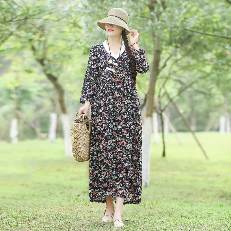 

2019 Spring New Style Ethnic-Style Cotton Linen Dress Women's Vintage Floral-Print Mid-length Frog Loose-Fit Long Sleeve Skirt