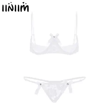 

Womens Lace Fantasia Party Exotic Lingerie Set Spaghetti Straps Bare Exposed Breasts Underwired Shelf Open Cup Bra with G-string