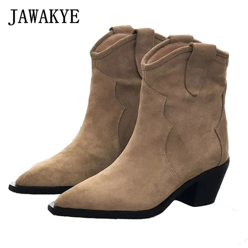 JAWAKYE/Лидер продаж; ботильоны из натуральной замши; женские зимние ботинки телесного цвета с острым носком на не сужающемся книзу массивном каблуке; короткие ботинки без застежки; ковбойские рыцарские сапоги - Цвет: brown