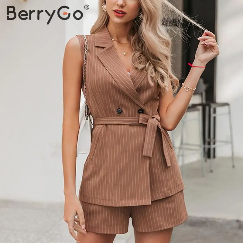 BerryGo, Женский комплект 2 шт. без рукавов, Блейзер, жилет, полосатый пояс, женский костюм, наряды, весенние летние шорты, костюмы из двух предметов