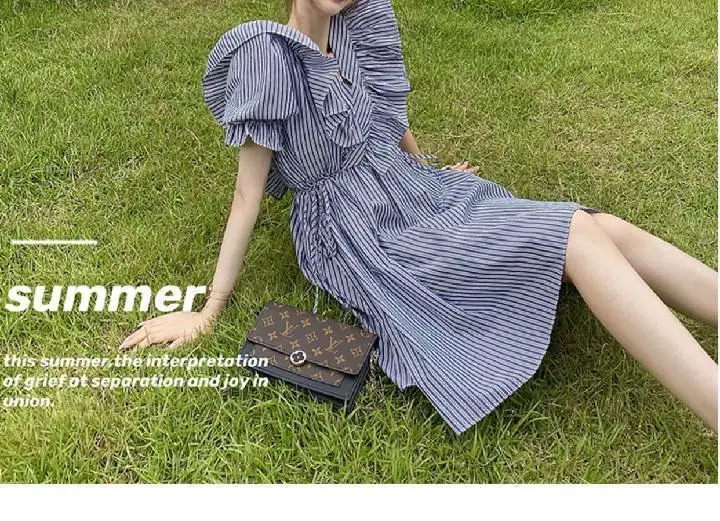 Dresses Womens Striped Fashion V-neck Simple Patchwork Sweet Blue Ulzzang Street Style Leisure All-match Summer A-line Students formal dresses