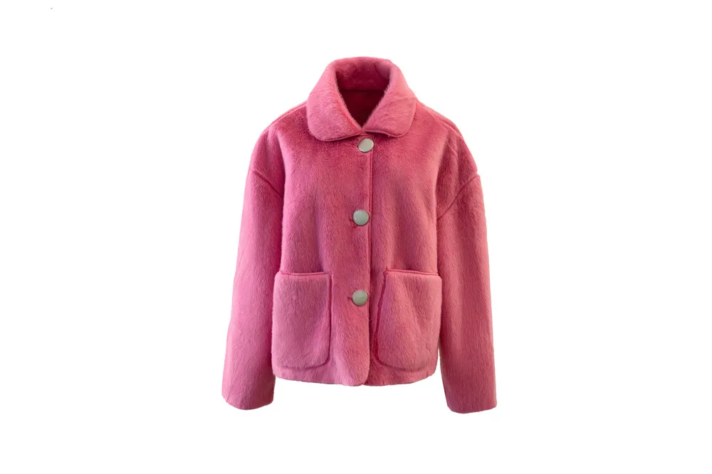hot pink Яркие цвета зима Питер Пэн воротник Двустороннее пальто из искусственного меха Новая повседневная свободная короткая женская меховая куртка с длинным рукавом верхняя одежда - Цвет: hot pink