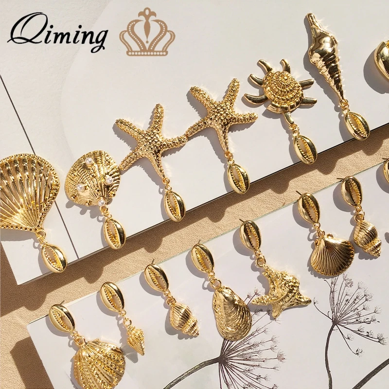 Новые серьги с подвеской в виде морской раковины, золотые Эффектные серьги для женщин, вечерние, необычные, геометрические, модные украшения, подарок