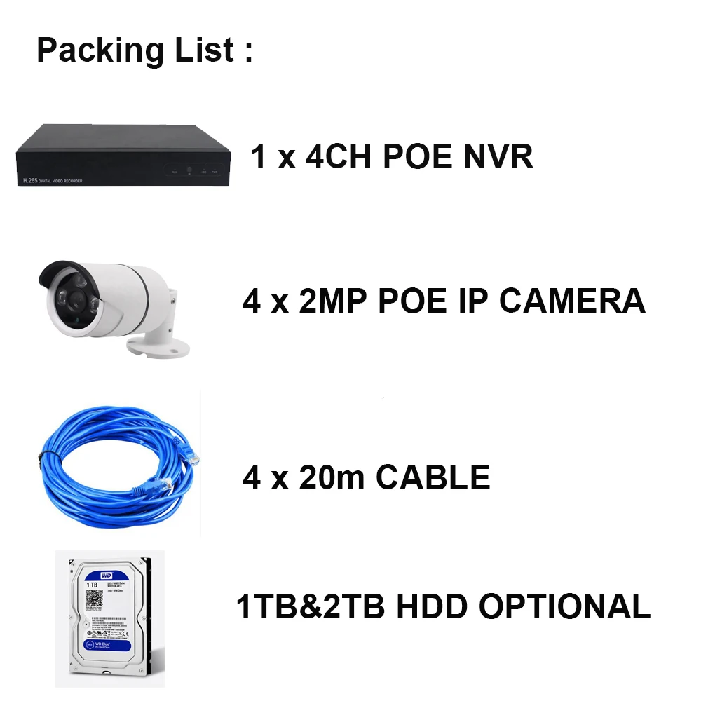 4ch 2MP CCTV POE Kit H.265 POE IP камера наблюдения 48 В питание играть и подключать