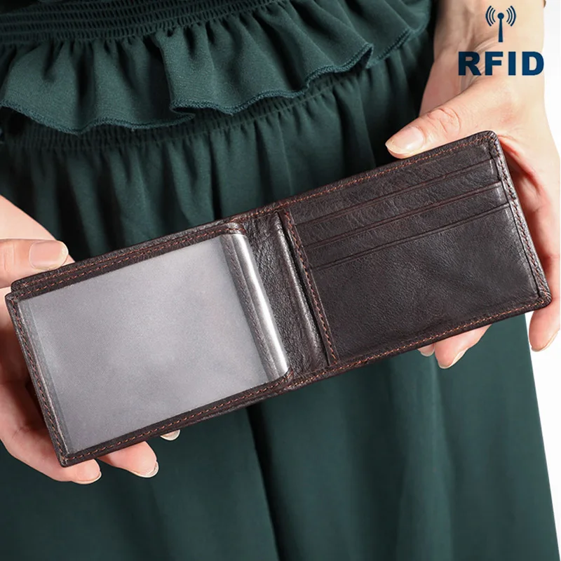 Мужской кошелек из натуральной кожи, RFID, Противоугонный, ID, кредитный держатель для карт, мужской, тонкий, Бизнес Стиль, Ретро стиль, мужской кошелек, двойные, Короткие Кошельки