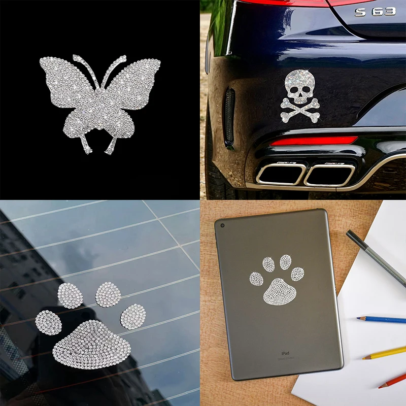 HungMieh Car Stickers Bling Diamond Rhinestone Crystal Paw Print Butterfly Skull Decals for Window Motorcycle Helmet Laptop | Автомобили и