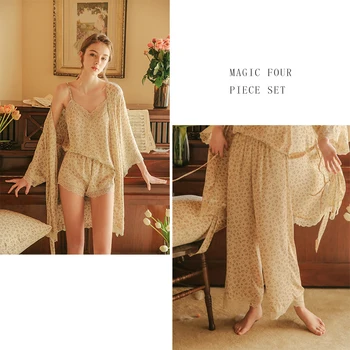 

4 Pieces Sleepwear Women Bride Night Wear Home Robe Gown Set Silk Robe Kimono Negligee Lace Nightie Peignoir Sets