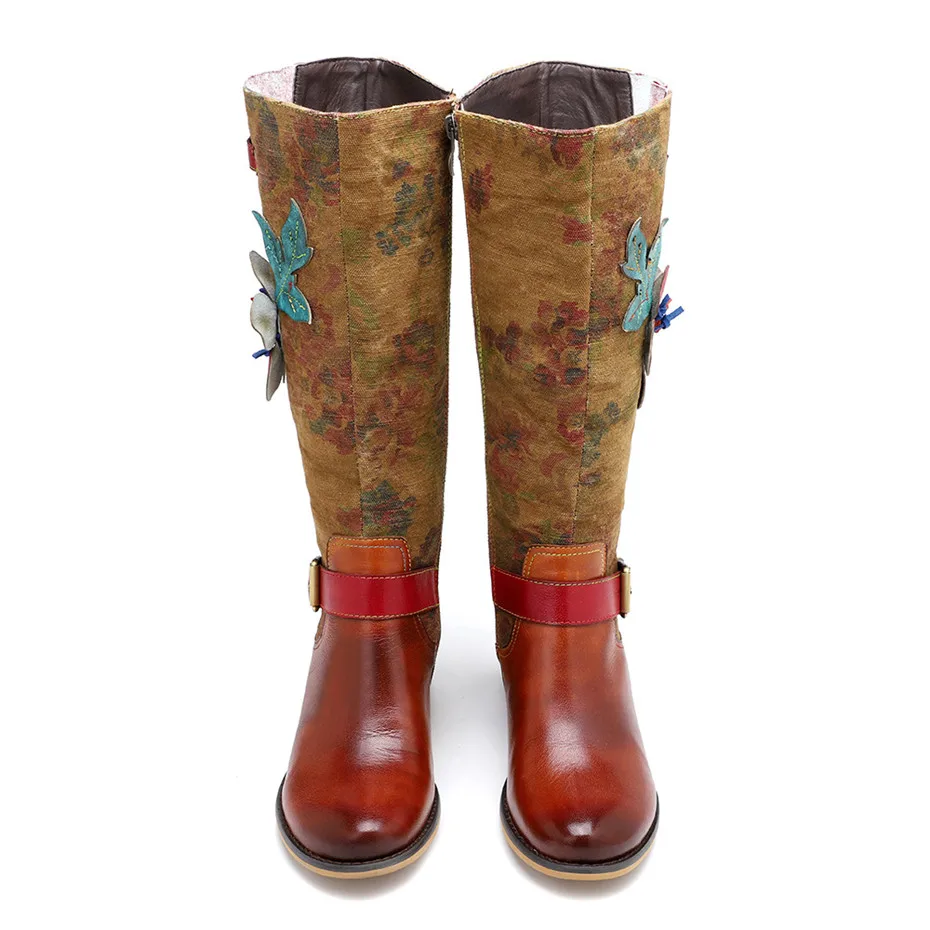 2020 Autumn Winter New Women's Knee High Riding Boots Ethnic Genuine Leather High Heels Female Western Boots Footwear Handmade (4)