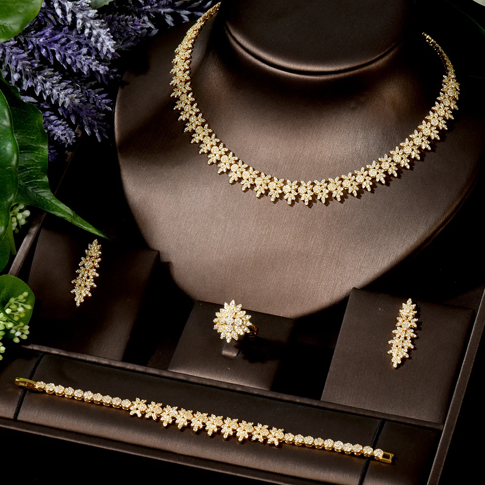 HIBRIDE Fashion Bright Women Bridal Jewelry Set Gold Color Full Flower Design High Quality Crystal Necklace Earring N-1534 | Украшения и