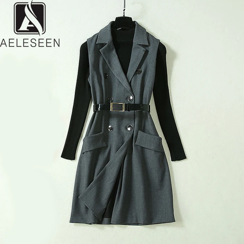 

AELESEEN High Street Twinset Office Lady European Casual High Quality Black Knitting Top + Grey Double Breasted Vest Coat Suit