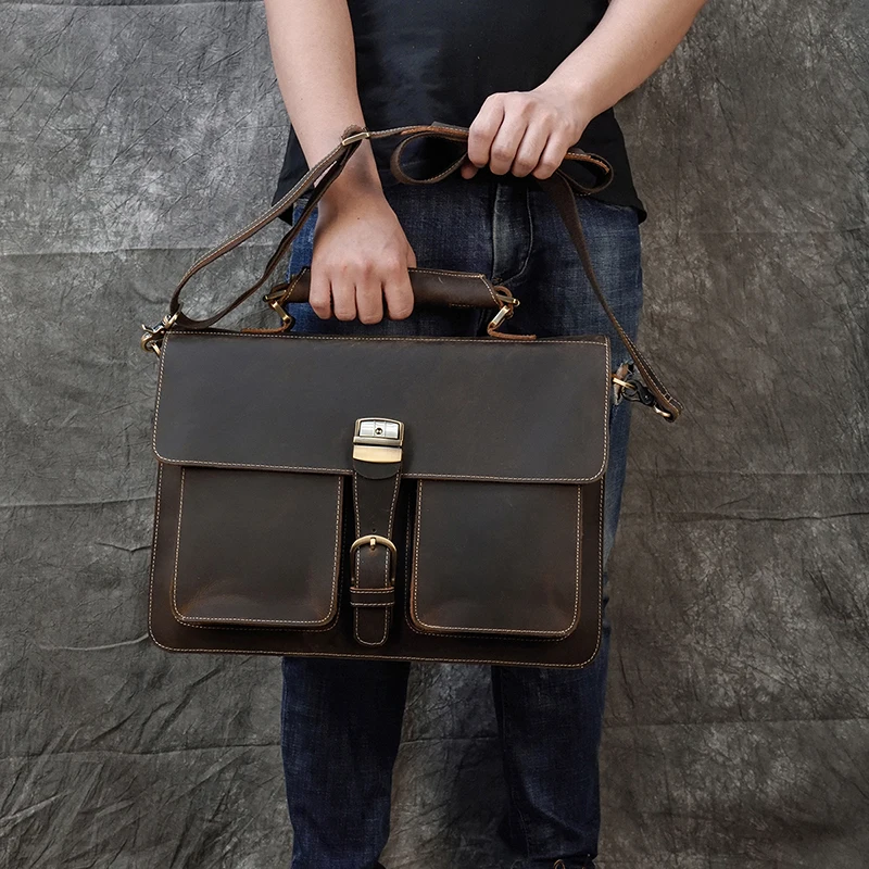 Dark Brown Unisex Large Leather Travel Laptop Bags Briefcase