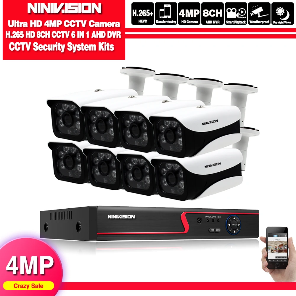 NINIVISION HD CCTV система 4MP 8CH AHD DVR комплект 8 шт. 4.0mp 2560*1440 6 шт. массив светодиодов камера безопасности комплект наружного наблюдения