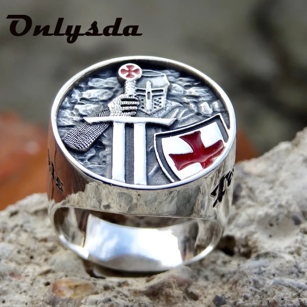Stainless Steel Ring Finger Ring Men's Rings Stainless Steel Red Armor Shield Knight Templar Crusader Cross Ring Punk Jewelry