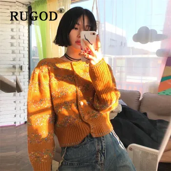 

RUGOD Vintage Sparkle Knitted Sweater Chic Stripe Cardigan Winter Tops For Women Clothes 2019 Knitwear Korean Style
