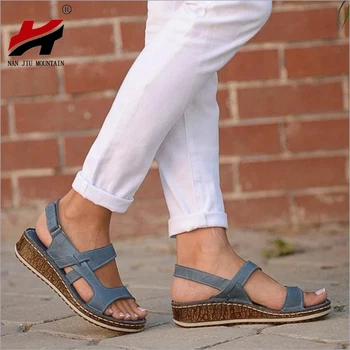 

NAN JIU MOUNTAIN 2020 Summer Leather Solid color Women's sandals Casual wild buckle wedge flat sandals Plus Size 35-43 shoes
