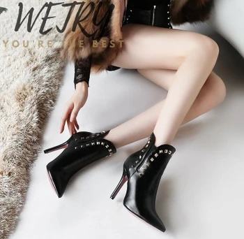 

2020 Winter Gold Metal rivet Chelsea ankle boots women pointed Stiletto heel short boots for women Punk Boots Shoes Woman
