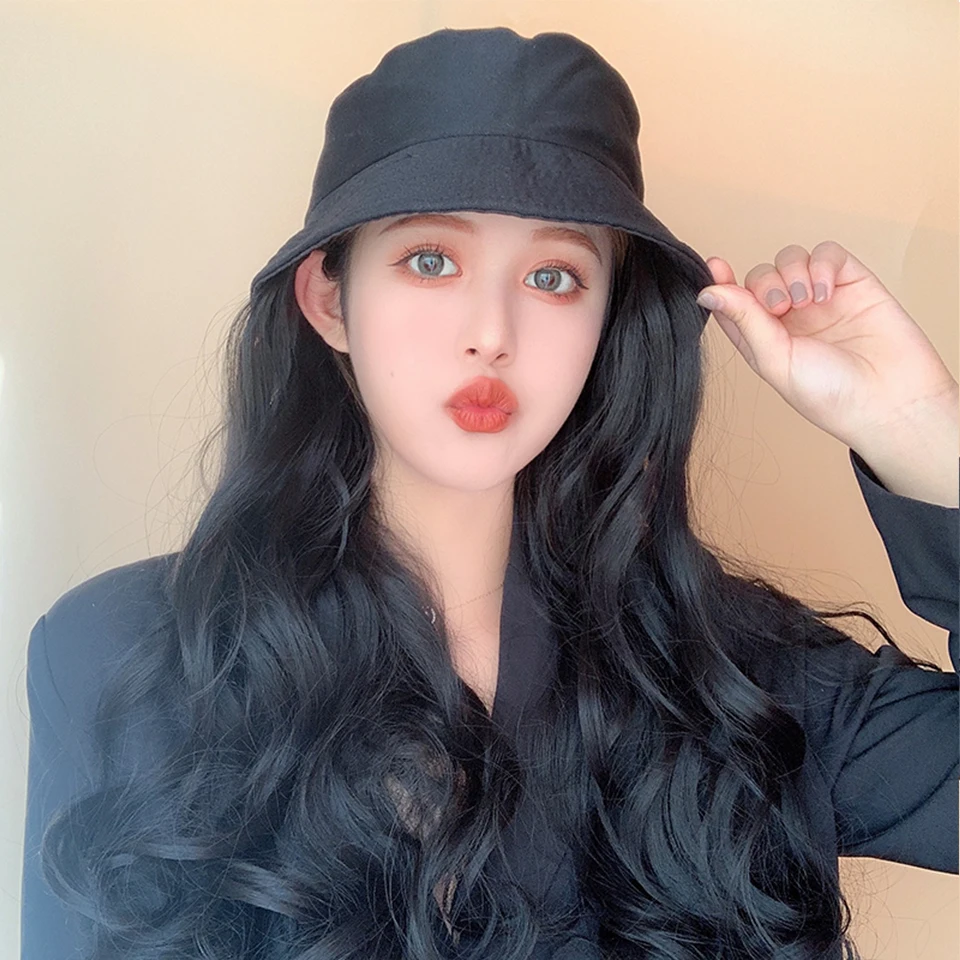 Long Wavy Curly Synthetic Hair Wig With Hat Hot Style Fisherman's Hat Heat Resistant Black Hair For Women African American