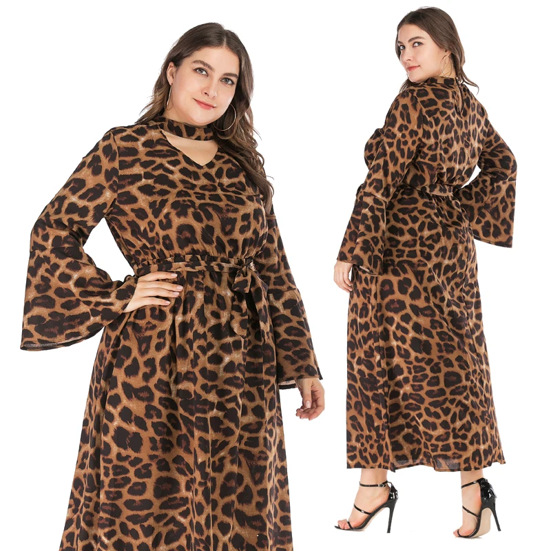 

Women Long Sleeve Loose Plus Size Dress Winter Leopard V Neck Party Long Sexy Dress
