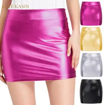 

Kate Kasin Sexy Women's Metallic-Shiny Stretchy Hips-Wrapped Mini Skirt Lady Party Club Short Bodycon Skirts Clubwear Jupe Femme
