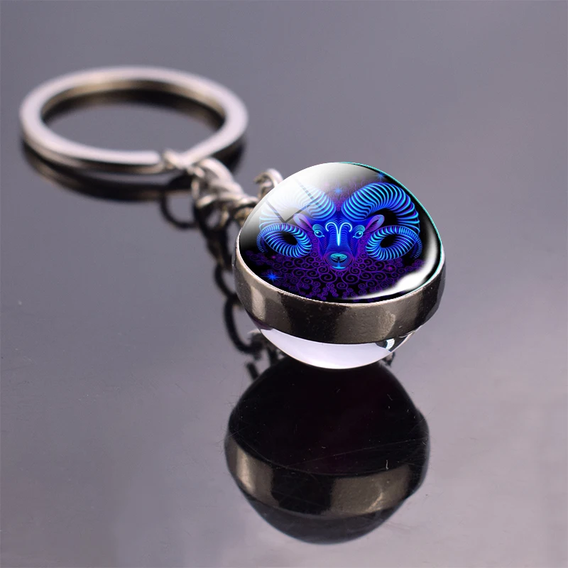 12 Constellation Keychain Glass Ball Pendant Zodiac Key Rings Jewelry Birthday Gift Scorpio Leo Libra Sagittarius Aries Keyrings - Цвет: Aries