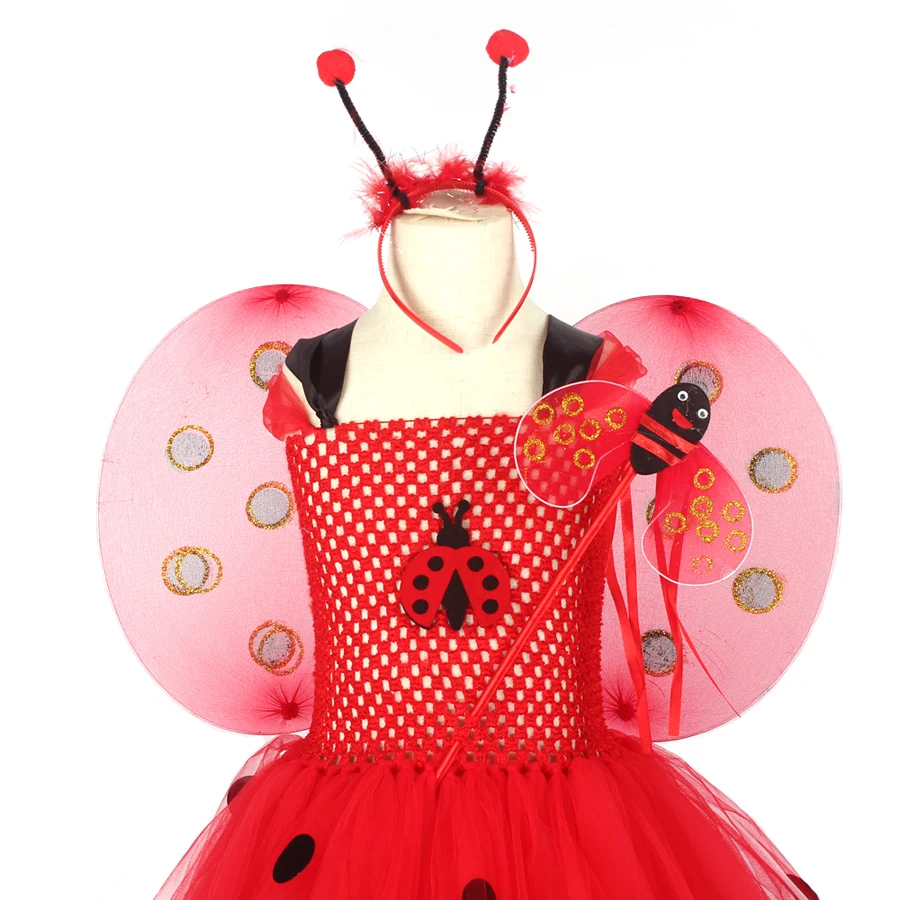 Girls Ladybug Tutu Dress Kids Ladybug Halloween Birthday Insect Animal Costume Girls Fancy Dress with Wings Antenna and Wand  (12)