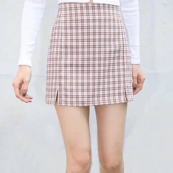 

Women Split Details Plaid Mini Skirt with Under Shorts Mini Skort In Check Slim-Fit A- line Skirt
