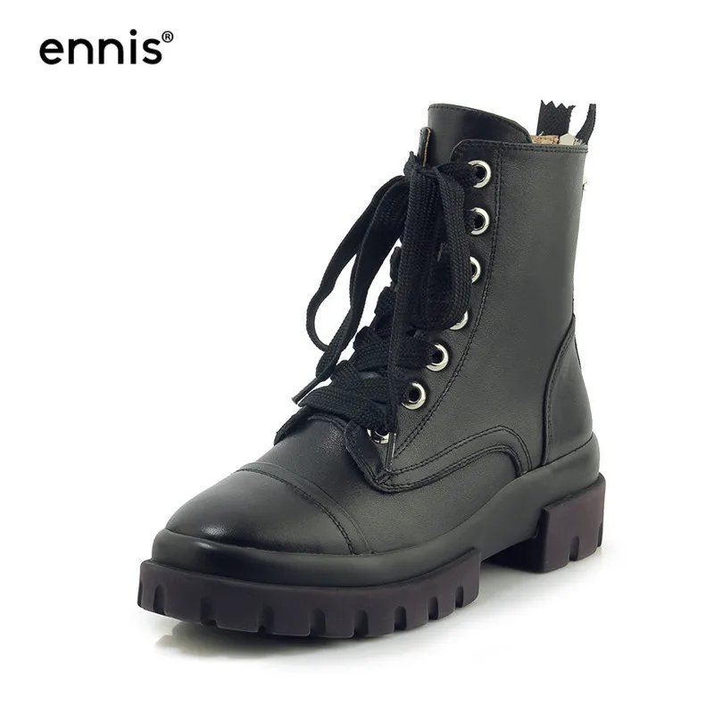 Black ENNIS/брендовые белые ботинки из натуральной кожи; женские ботинки на платформе; женские ботинки на шнуровке; сезон осень-зима; черная обувь на молнии сзади; A9183 - Color: Black