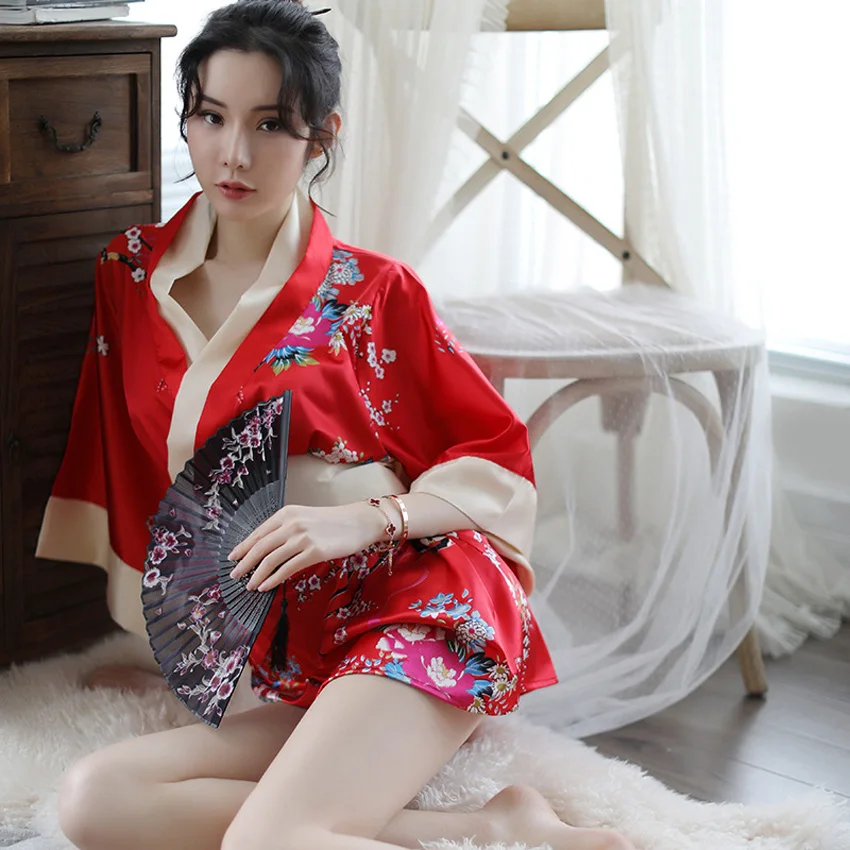 Novelty Women Japanese Sexy Kimono Deep V-neck Satin Silk Sleepwear Floral Bath Yukata Geisha Girls Home Pajamas Nightgown Robe