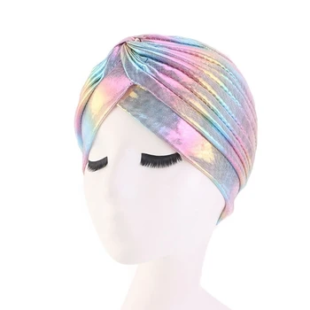 Billig Laser Haar Kappen Seidige Rüschen Metallic Turban Haar Abdeckung Zubehör Welle Caps Motorhaube Salon Hut Turban Headwrap Frauen