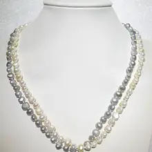 2 ряда 9 мм белый серый жемчуг барокко ожерелье натуральный пресноводный жемчуг женские ювелирные изделия 35 см-43 см 15-17 дюймов