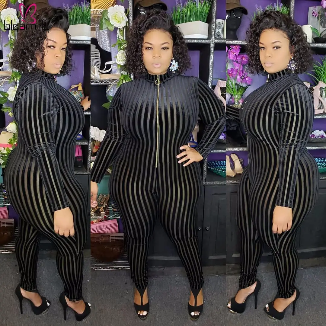 

Plus Size XL-5XL Sexy Club Stripe Mesh Bodycon Jumpsuit Women Turtleneck Zipper Long Sleeve Rompers Streetwear One Piece Overall