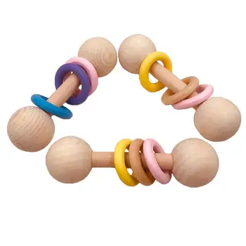 

Wooden Hand Shaking Rattle Rings Bell Teether Baby Chew Teething Shower Toy Baby Teether Toys