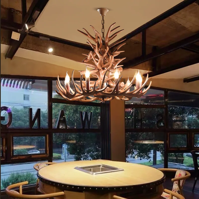 

American Retro Antler Chandeliers Lighting Living Room Restaurant Bar LED Ceiling Chandeliers LOFT Resin Deer Horn Hanging Lamp