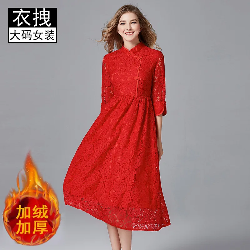 

Large Size Winter Red Skirt New Style Lace Improved Cheongsam 2019-New Style Versatile Brushed And Thick Dress