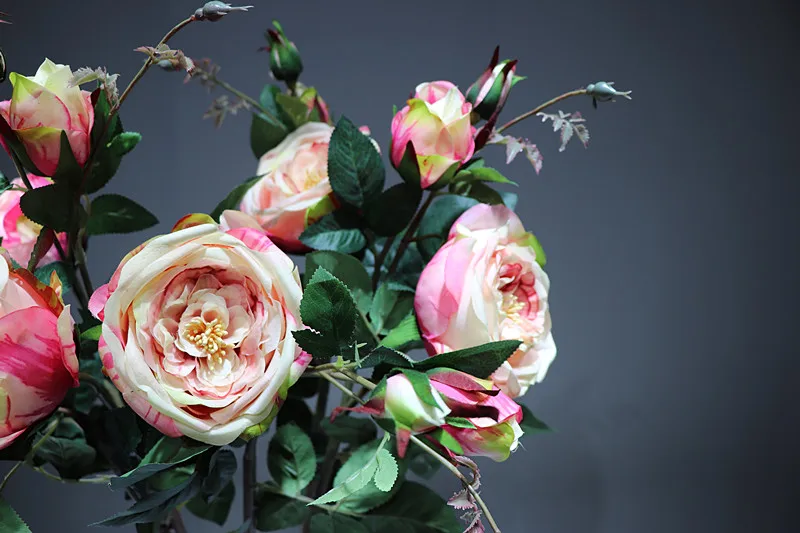INDIGO- 5pcs Pink Rose Spray Flower With Buds(1 flower+3buds) Home Wedding Real Touch Flower Floral Event Party Free Shipping