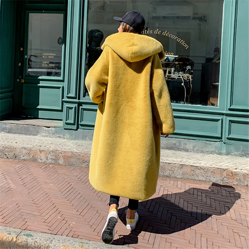 Зимнее пальто, Женское пальто из меха кролика Рекс, корейское пальто с капюшоном, имитация меха норки, длинная куртка, свободная Толстая теплая куртка из искусственного меха