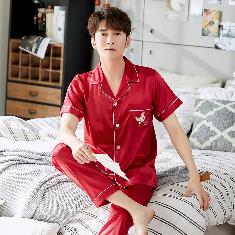 

Couple style viscose fiber pajamas summer embroidery short-sleeved silk casual pajamas men and women home service silk suit