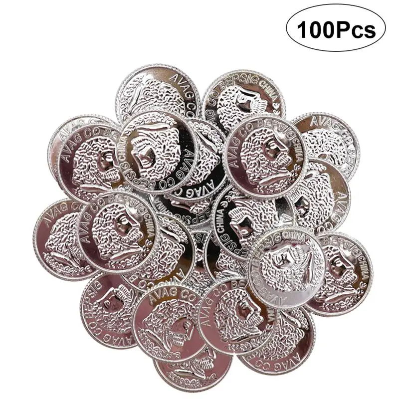 

100pcs Pirates Gold Coins Plastic Gold Coins Props Game Accessary Funny Playing Toys For Kids Children (Silver/Golden)