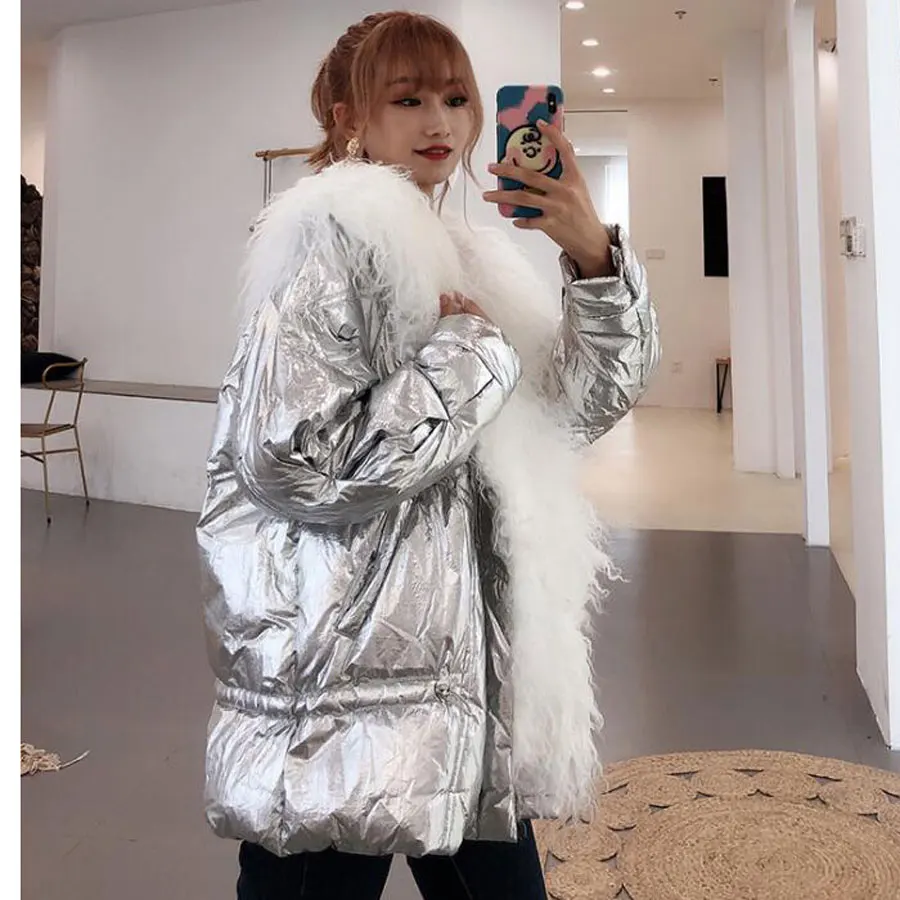 2019 глянцевый Зимний пуховик Женская высокая уличная верхняя одежда толстые