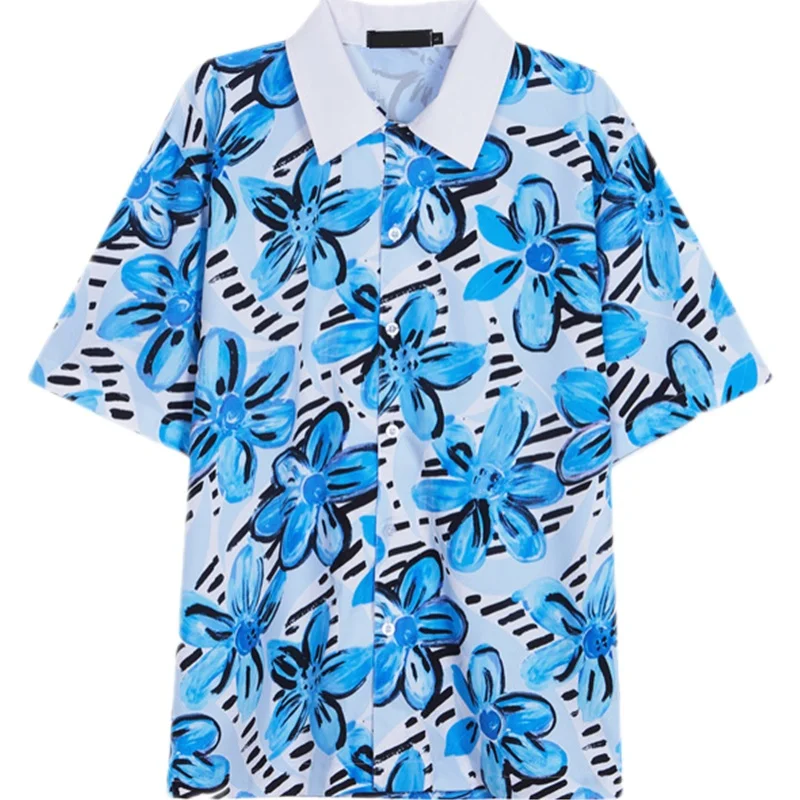 Мужская хлопковая рубашка с длинными рукавами голубая Повседневная принтом