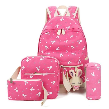 

Cute Rabbit 4Pcs/set Canvas Shoolbags For Girls Kids Female Printing Backpacks SchoolBags For Teenager Girls Mochila Rucksacks