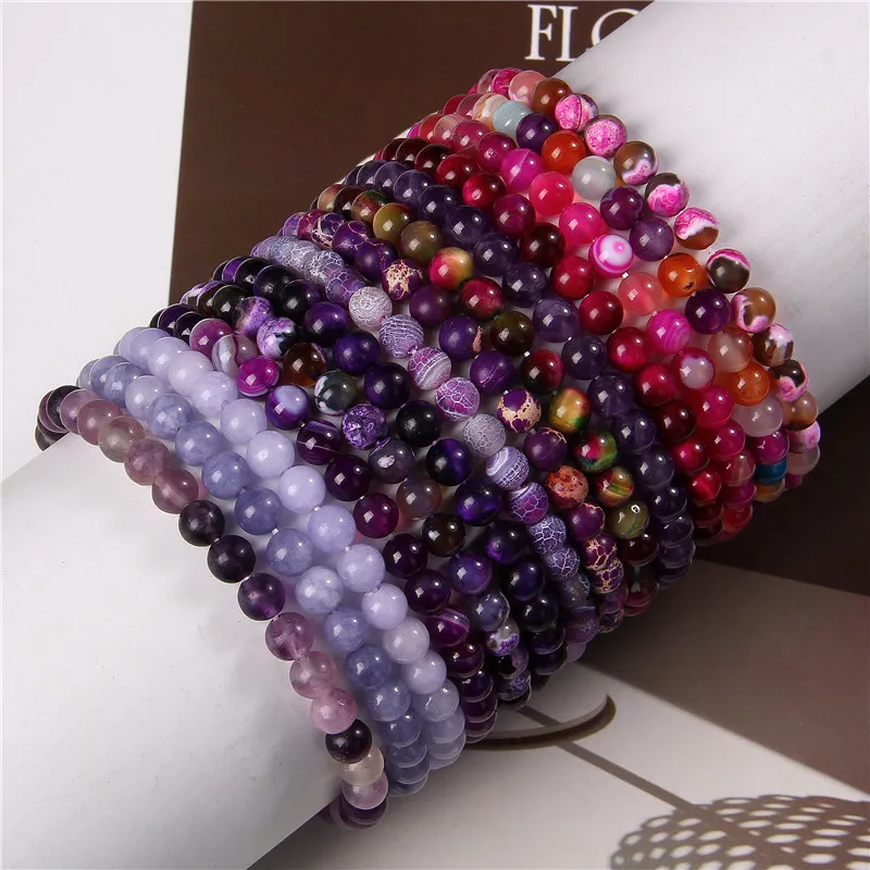 6MM Pink Quartzs Bead Stretch Bracelet Purple Natural Amethysts Stone Bracelets For Women Girl Healing Reiki Bangle Cute Jewelry