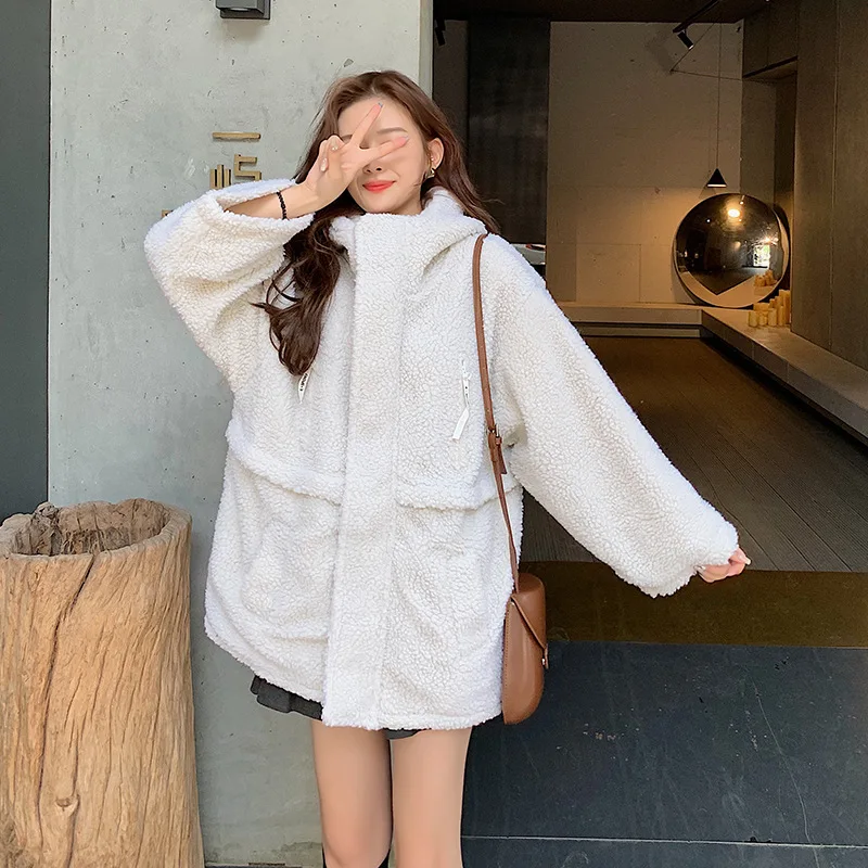 

CHIC Autumn And Winter Velcro Large Pocket Korean-style Lambs Wool Thick Hooded Coat Women's INS Cotton Coat